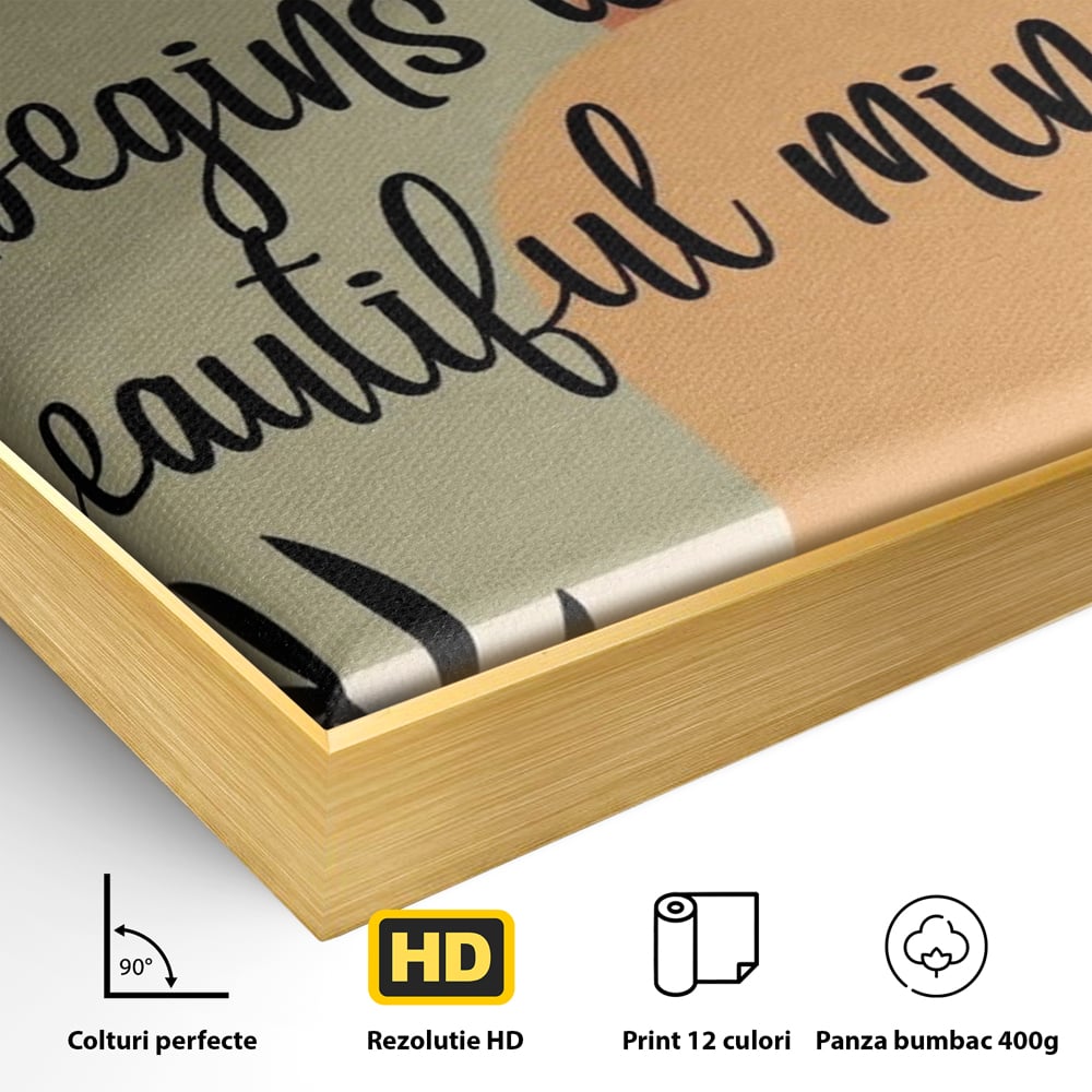 Detaliu al suprafetei: tablou canvas cu mesaj motivational abstract, in rama de aluminiu auriu